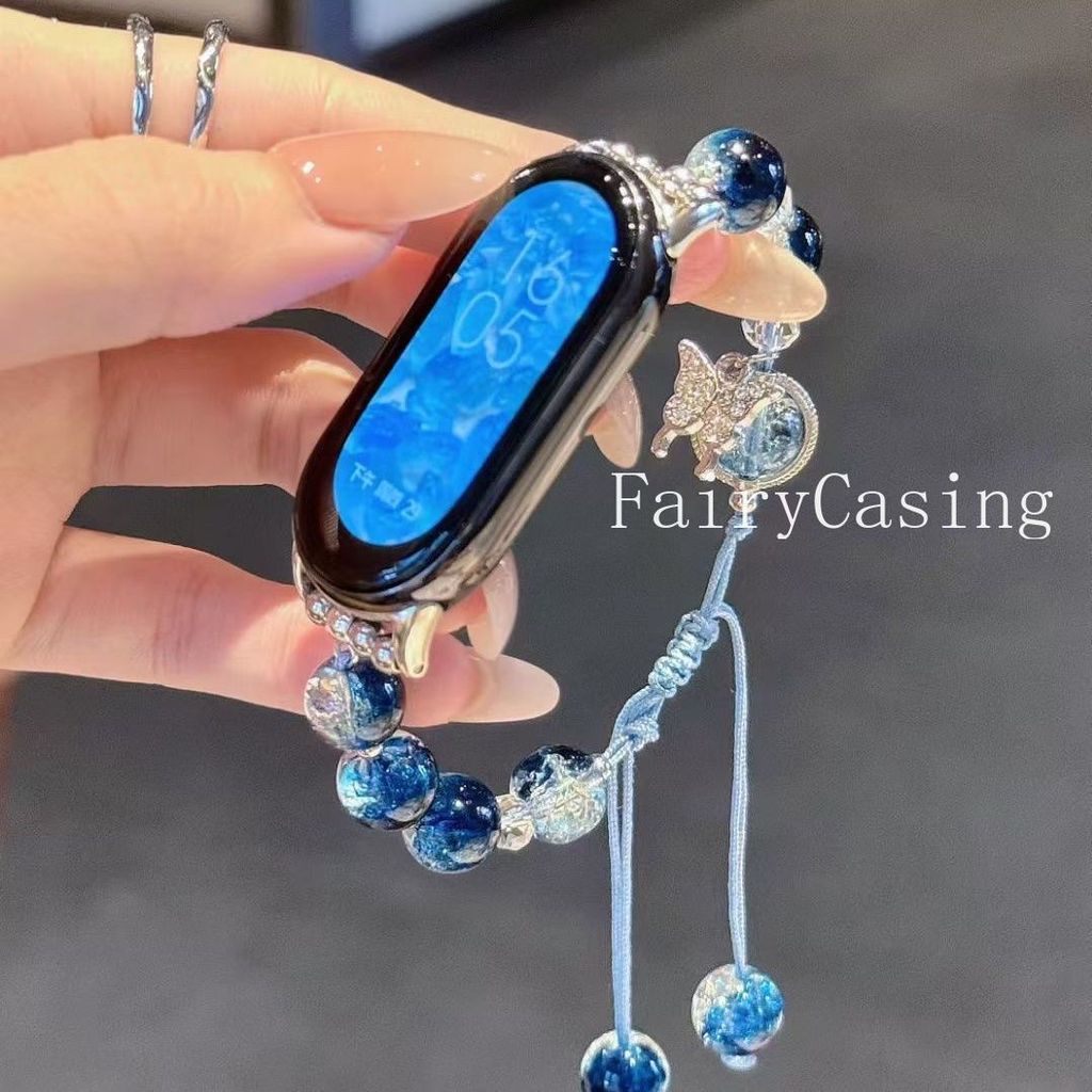 Dây đeo hạt pha lê màu xanh mới Thích hợp cho Xiaomi Band 10 9 8 Nfc 3 4 5 6 7 cho Redmi Watch 6 5 4 Dây đeo dệt