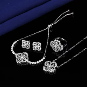 Bộ trang sức cỏ ba lá 4 mảnh dành cho nữ - Lớp khảm kim cương giả đầy đủ - Mạ bạch kim - Dây chuyền & Nhẫn có thể điều chỉnh - Tiệc đi lại hàng ngày