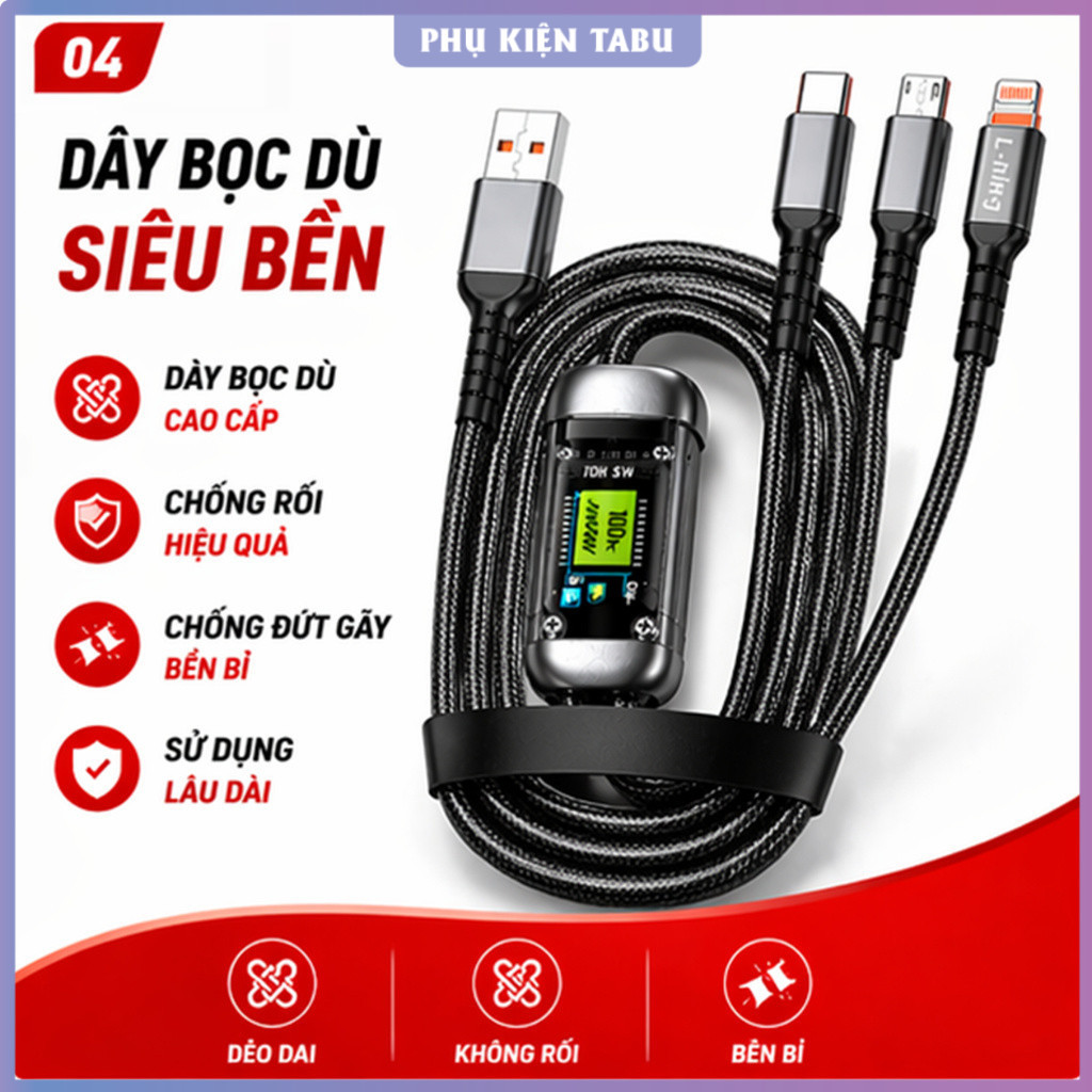 Cáp Sạc 3 Đầu 3in1 100W Có Màn Hình - Sạc Nhanh, Bền, Không Rối - Sạc 3 Thiết Bị Cùng Lúc