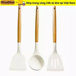 GỖ 3 Cái / bộ Xẻng Thìa Silicon, Chảo Chiên Bánh Chống Dính Nấu Turner Thìa, Dụng Cụ Nhà Bếp Màu Be Chịu Nhiệt
