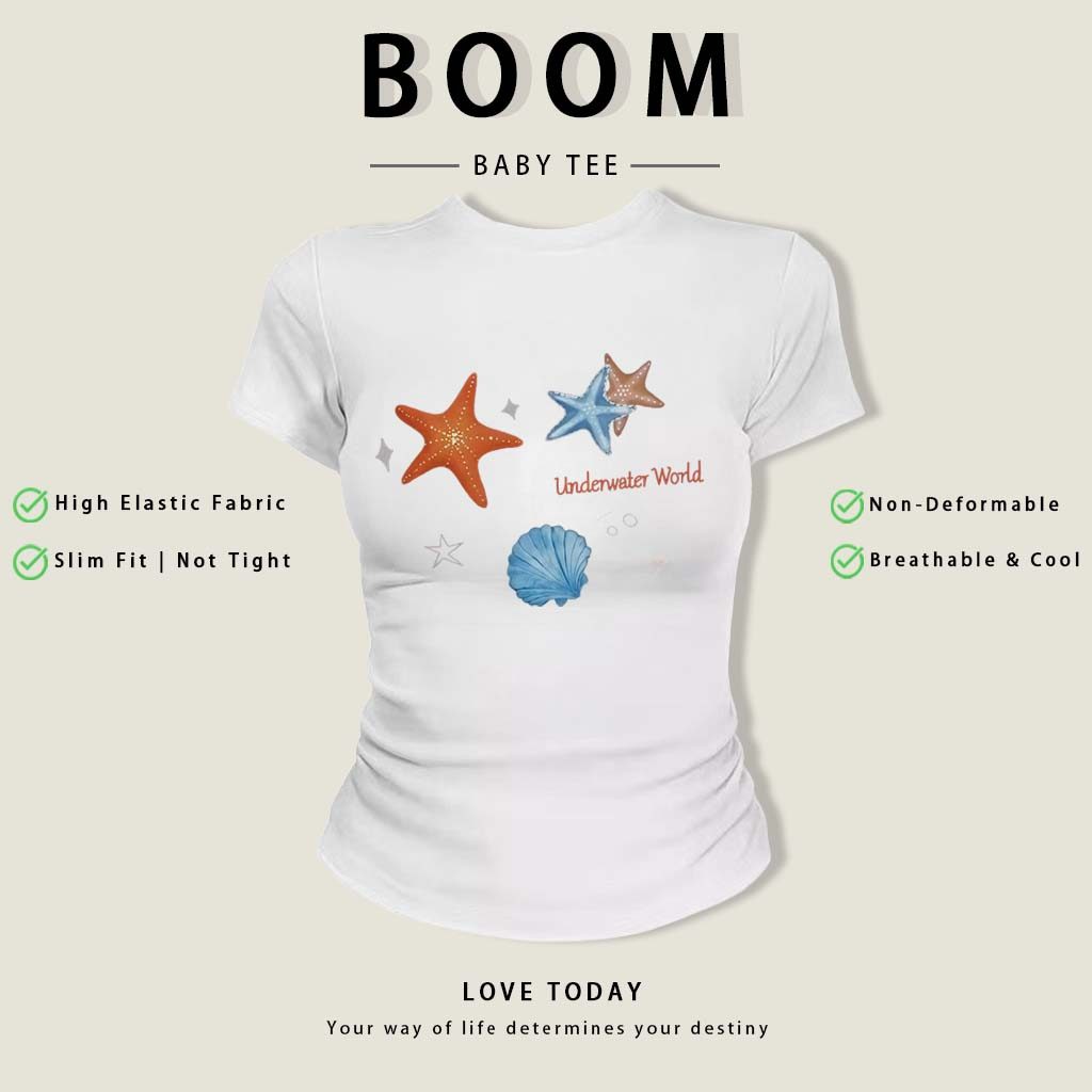 BOOM Áo Baby Tee Nữ Cotton Ôm Body-Áo Thun Ngắn Tay Y2K In Hình PhongCách Mùa Hè, Cổ Tròn Hàng Đầucách hàn quốc phongE40