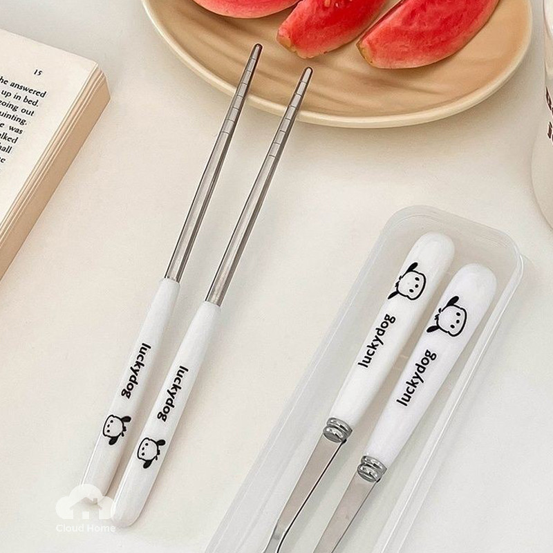 Bộ đồ ăn bằng thép không gỉ Sanrio gồm thìa, dĩa và đũa, bộ 3 món dễ thương.