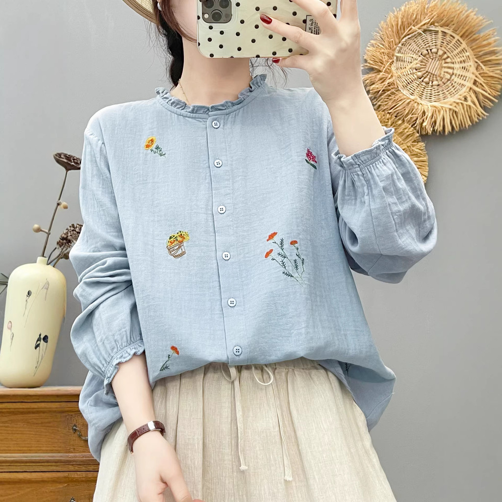 [Hàng có sẵn] Áo sơ mi Mori Art 100% Cotton, cổ thêu dài tay mềm mại, thoải mái