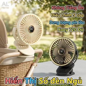 Quạt tích điện mini xoay 720 độ 5 cấp gió hoạt động êm đèn ngủ pin lâu kẹp chắc cho phòng ngủ