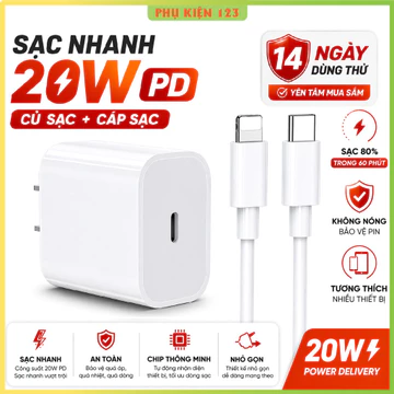Bộ sạc nhanh 20W PD (củ sạc và cáp sạc) cho 5-14PRM. Sạc 60p lên 80% Pin. Cốc sạc Type C Dây sạc 20W sạc nhanh gấp 3 lần