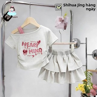 Bộ đồ bé gái mùa hè vai lệch - Áo chữ tim cá tính phối chân váy xếp tầng dễ thương phong cách Hàn