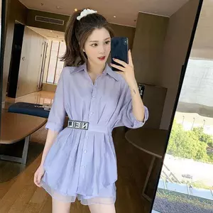 Bộ đồ hai mảnh mùa hè: Áo sơ mi Tencel tay ngắn, quầnshort ống rộng nhẹ nhàng