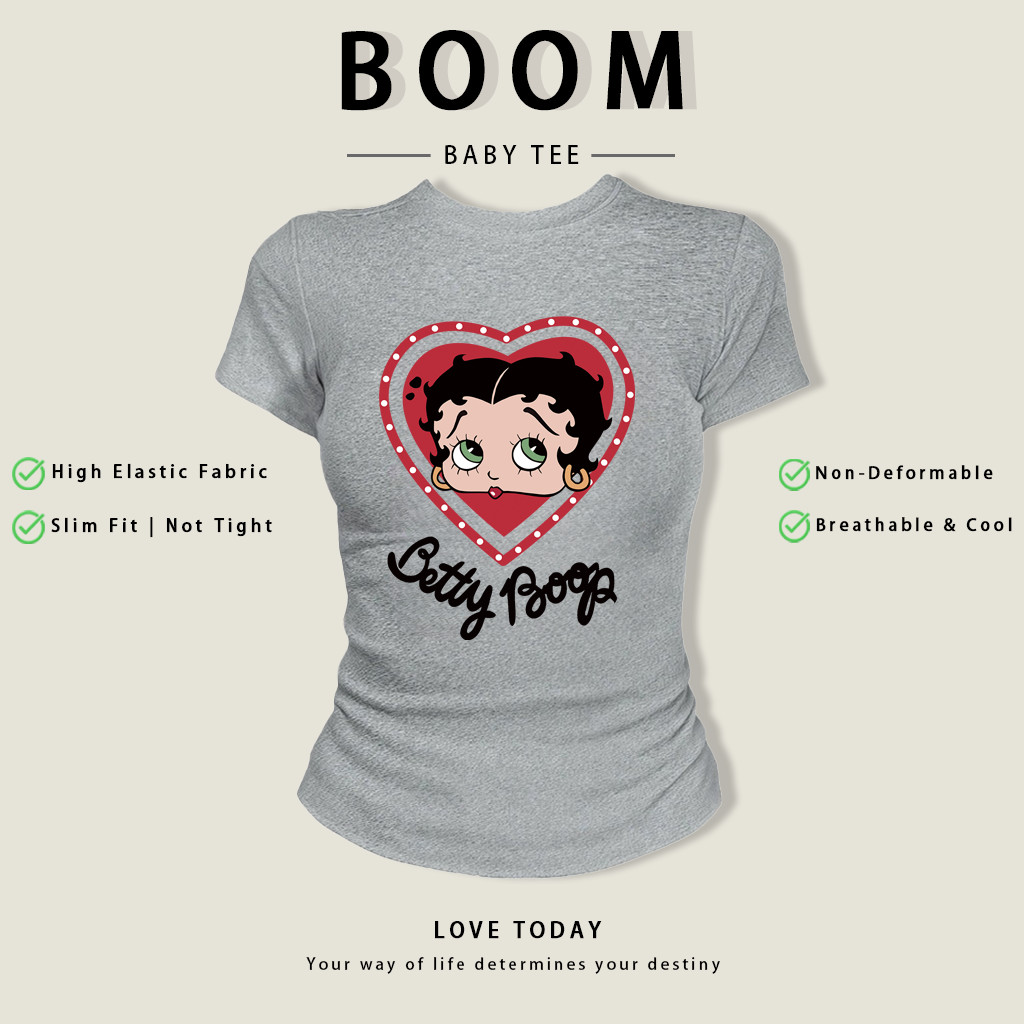 BOOM Áo Baby Tee Nữ Cotton Ôm Body-Áo Thun Ngắn Tay Y2K In Hình PhongCách Mùa Hè, Cổ Tròn Hàng Đầucách hàn quốc phongR04