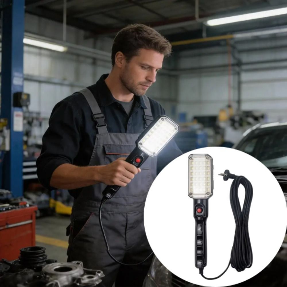 Đèn làm việc cầm tay LED mạnh mẽ có dây, móc xoay đôi, sạc lại, đèn cảnh báo kèm phích cắm
