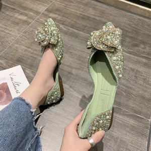 Giày Đế Bằng VN, Nữ Cổ Điển, Chất Liệu Da Giả, Thiết Kế Mũi Nhọn, Trang Trí Nơ, Đế Mềm, Giày Đế Bằng Nữ, Phong Cách Mới Thời Trang.