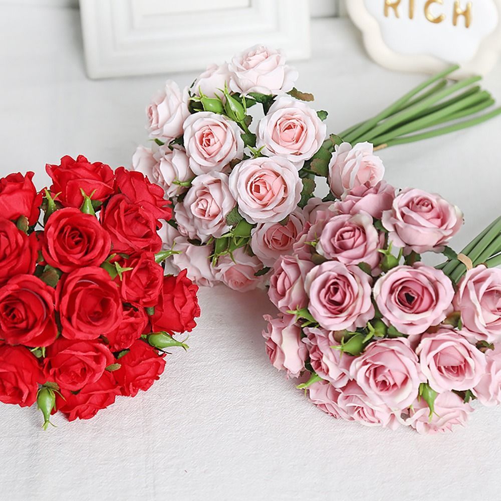 Cao cấp bó hoa hồng nhân tạo 18 đầu nhiều màu, cánh lụa, đạo cụ ảnh sáng tạo, trang trí nhà cửa