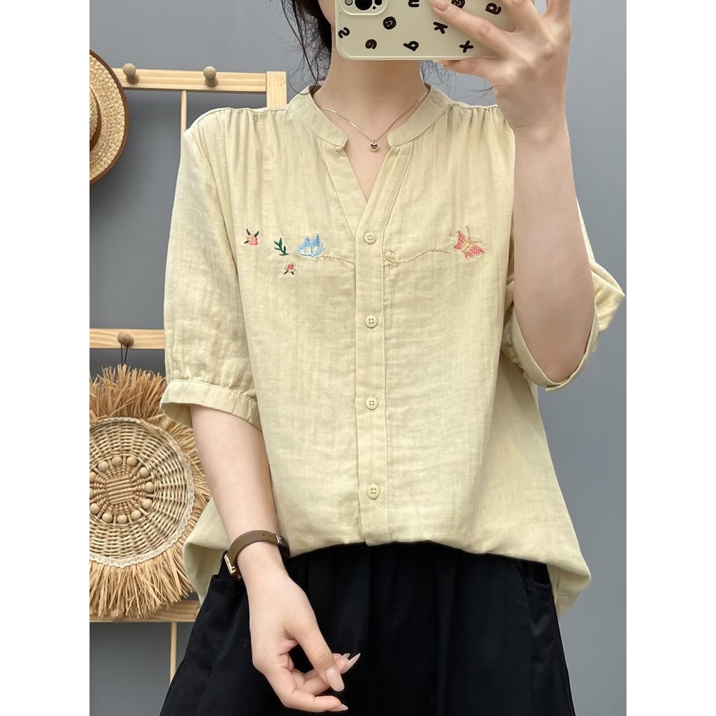 [Hàng có sẵn] Áo sơ mi nữ 100% Cotton chất lượng cao Mùa hè Áo sơ mi dài tay đa năng tay năm phần tư
