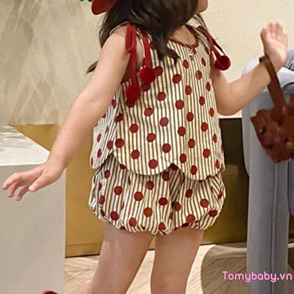[lpDL] Bộ trang phục 2 món không tay cổ chữ O mùa hè cho bé gái + Bộ quần short đèn lồng