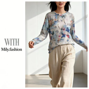 Milyfashion Tencel Retro Smudge In Gạc Cổ Tròn Chống Nắng Hàng Đầu Nữ
