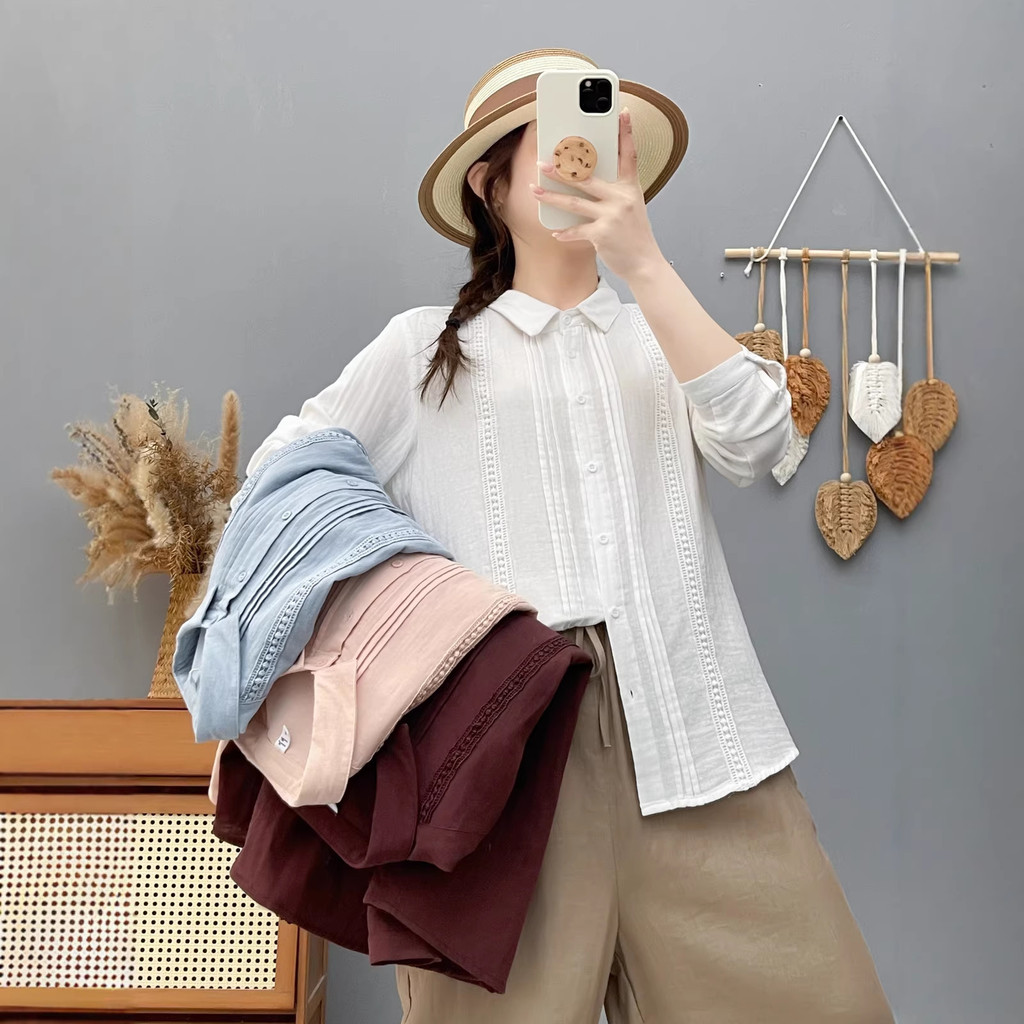 Áo sơ mi nữ ren lưới tay dài xếp ly dáng rộng xuân hè mới