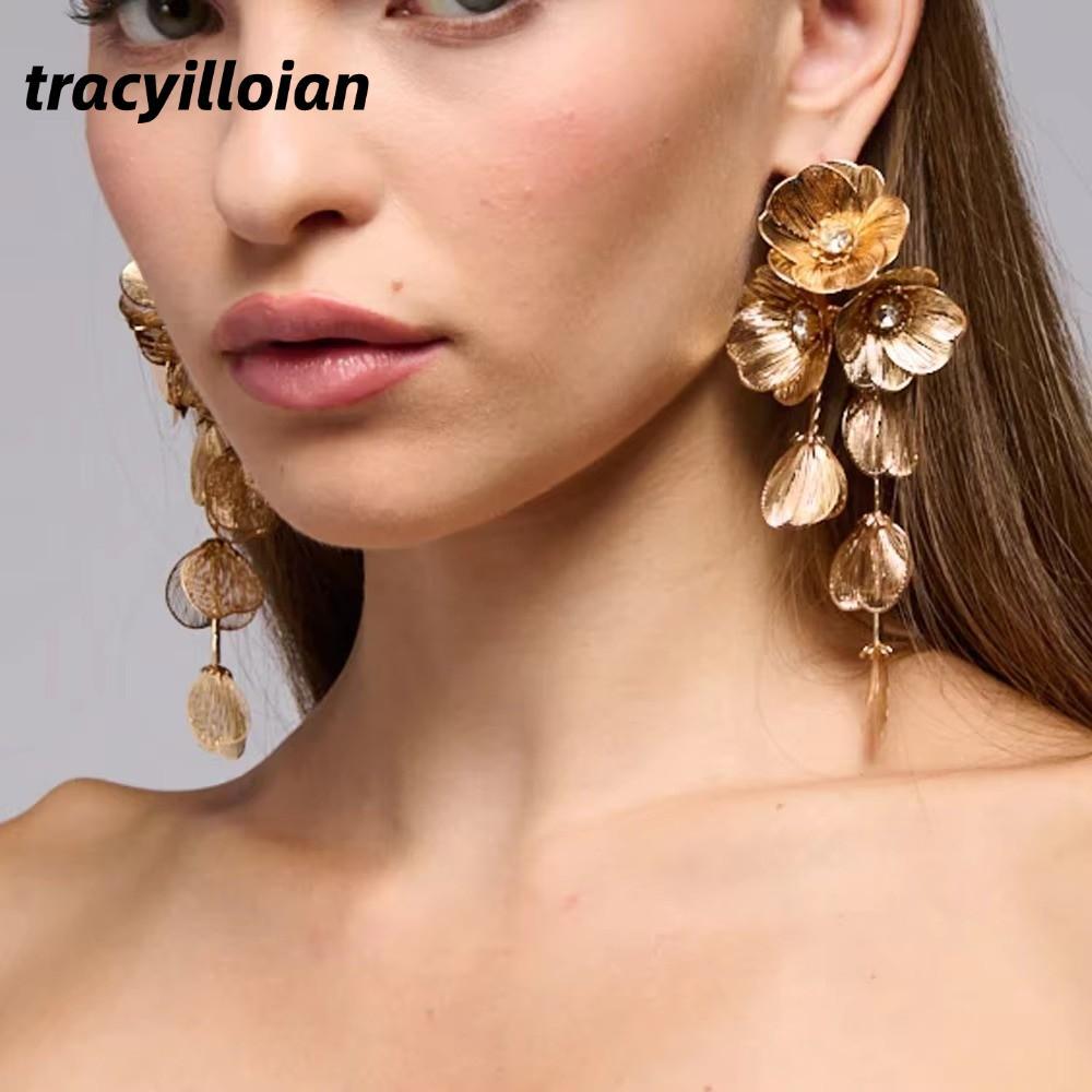 TRACEILLOIAN Bông tai tua rua dài, hoa lá rỗng kim loại, Dangle phóng đại thời trang, phụ kiện cá tính