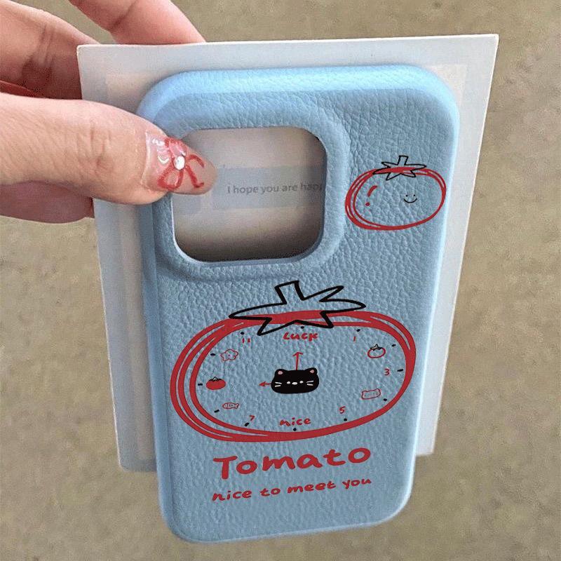 Tomato cà chua đồng hồ mèo cho iPhone 17promax trường hợp iPhone 14/13/12 giả da kết cấu