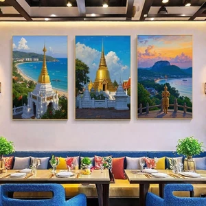 Thái Lan Phong Cảnh Mèo Nghệ Thuật Treo Tường Đông Nam Á Tranh Canvas Không Khung Chống Thấm Nước Cho Nhà Hàng Nhà Ở Khách Sạn