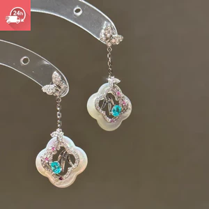 Tính khí cổ điển mới phong cách Trung Quốc hoa kim cương xanh rỗng cá tính và đa năng bông tai nữ