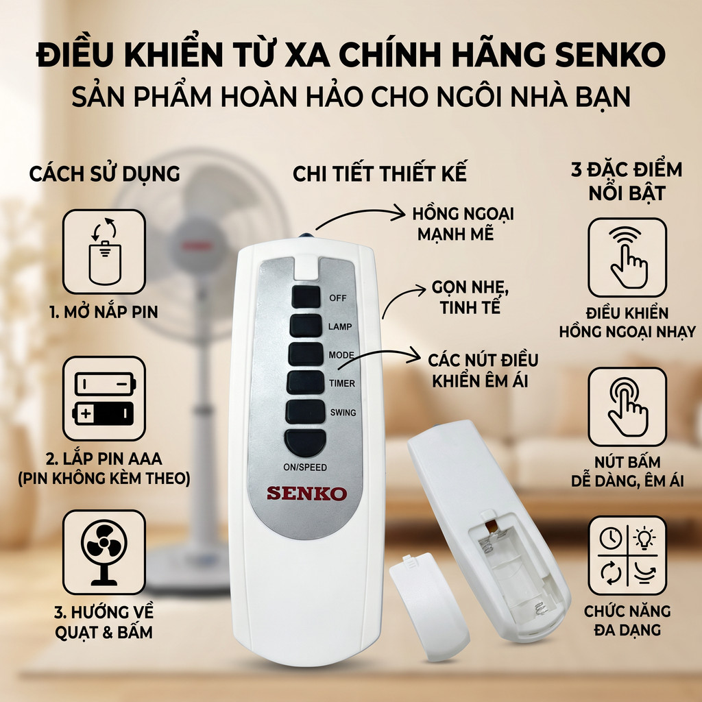 Điều khiển từ xa quạt Senko loại TR-828 chính hãng tặng pin Thay thế remote cũ bị hỏng, mất,Không có pin