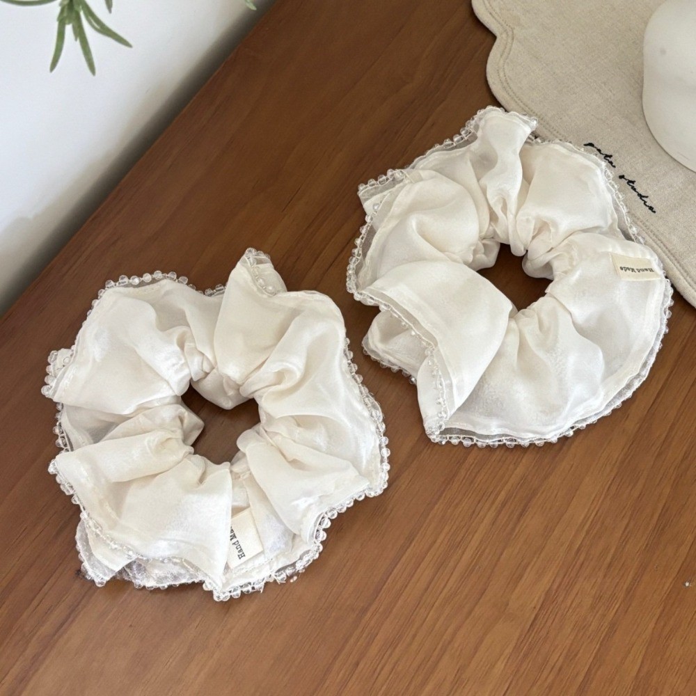 Hululu / {Soft Cream Satin} Crystal Seaming Dây buộc tóc ruột lớn Ngọc trai Satin Thời trang Nhẹ nhàng Con gái Phong cách bóng Dây cao su da đầu
