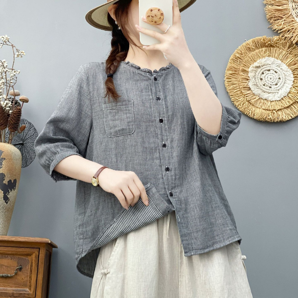 Áo sơ mi nữ Cotton chất lượng cao Sợi ngàn lưới chim dáng rộng Áo sơ mi thường ngày