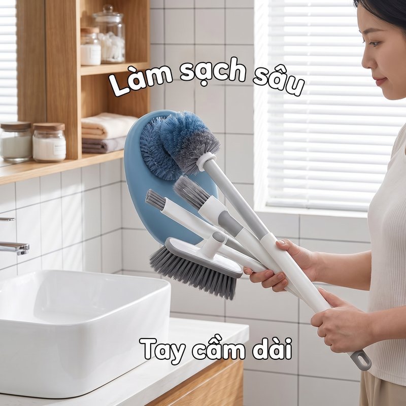 Bộ cọ vệ sinh nhà vệ sinh 4 trong 1, cọ vệ sinh đa chức năng, đầu cọ silicon mềm, tay cầm chắc chắn