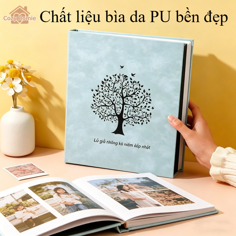 Album ảnh đựng 400 ảnh, chống thấm nước và bền chắc, bìa da PU cao cấp, thiết kế dập nổi vàng "Cây Hạnh Phúc" tinh tế.