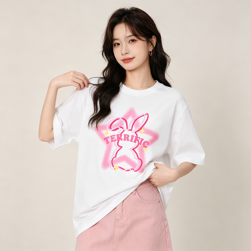 Áo thun nữ in hình chú thỏ dễ thương được viền bằng đường kẻ đôi, toát lên vẻ trẻ trung năng động.