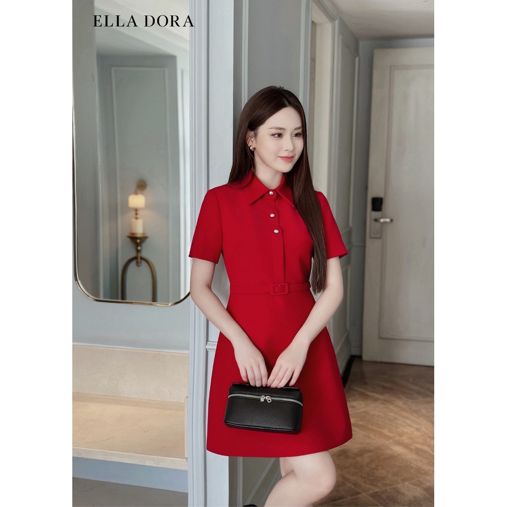 Đầm nữ ELLA DORA thiết kế cổ Polo phối 3 cúc đồng ôm dáng hiện đại sang trọng 2 màu ĐỎ/ĐEN [D248]