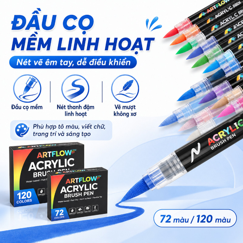 Bút acrylic marker 72/120 màu, hệ thống điều khiển mực lỏng, đầu cọ mềm, màu sắc tươi sáng, dùng trên nhiều vật liệu