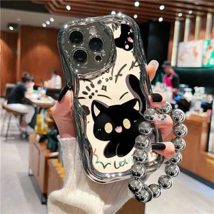 Ốp điện thoại hình mèo đen mạ điện có sẵn Thích hợp cho iPhone17promax Vỏ điện thoại Mặt dây chuyền Vỏ mềm Thích hợp cho iPhone16Pro Dễ thương 15 Vòng tay cùng phong cách 14 Chống sốc 13 Chống va chạm