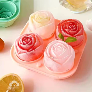🌤️COD🌤️Khuôn silicon làm đá viên, họa tiết bông hồng,Khuôn thạch 4 viên có nắp đậy xinh xăn cute trang trí