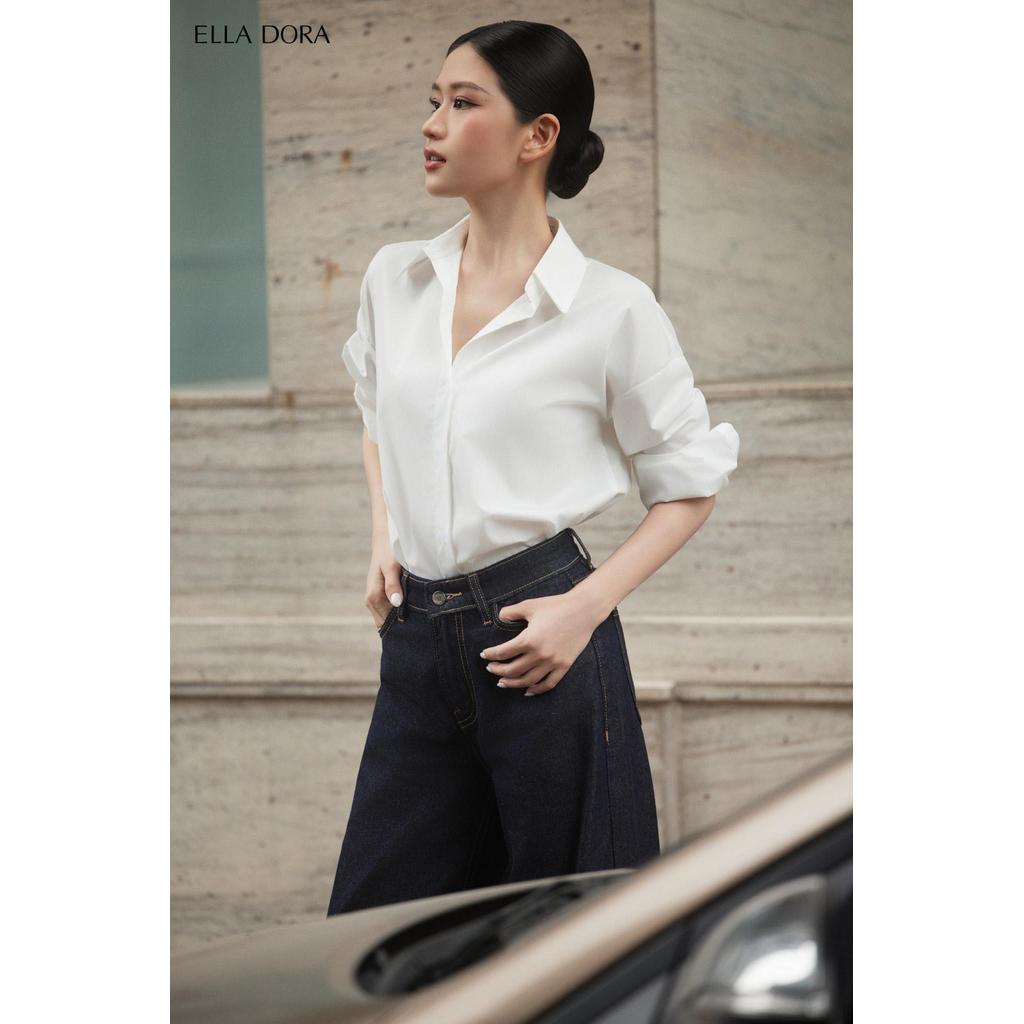 Áo sơ mi nữ ELLA DORA thiết kế dáng suông cúc bọc thanh lịch hiện đại hai màuTRẮNG/XANH [SM146]