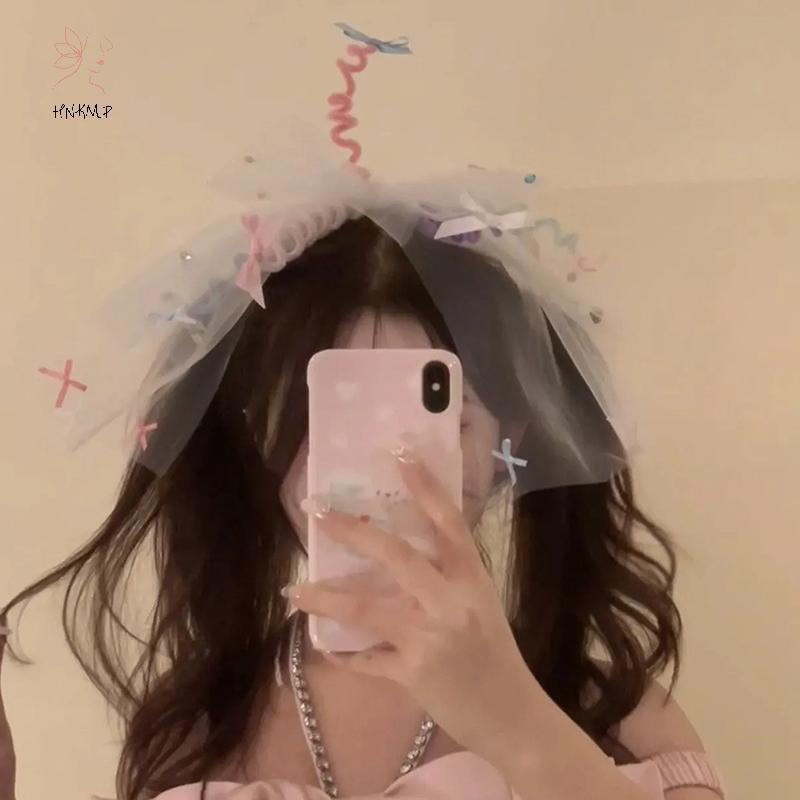 HNKMP Dễ Thương Vui Nhộn Phóng Đại Viền Nơ Kim Cương Giả Xoắn Sti Lưới Trắng Veil Mùa Xuân Kẹp Cho Bé Gái Tiệc Halloween Phụ Kiện Tóc.