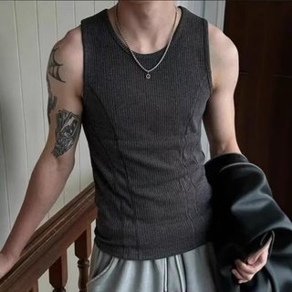 Nam Slim Thread Dọc Sọc Không Tay Áo Thể Thao Mùa Hè Co Giãn Khâu Cổ Tròn