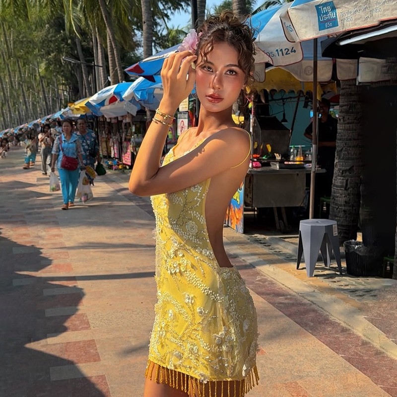 Cutenew Kim Sa Lấp Lánh Đầm Mini Gợi Cảm Lưng Bodycon Lãng Mạn Nữ Bầu Không Khí Mùa Hè Hawaii Kỳ Nghỉ Mặc
