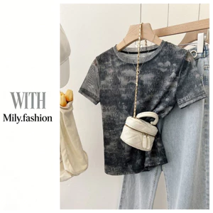Milyfashion Tie-Dye In Chữ Ice Silk Gạc Cổ Tròn Tay Ngắn T Mùa Hè Phong Cách Mới Phù Hợp Với Nắng Slim-fit