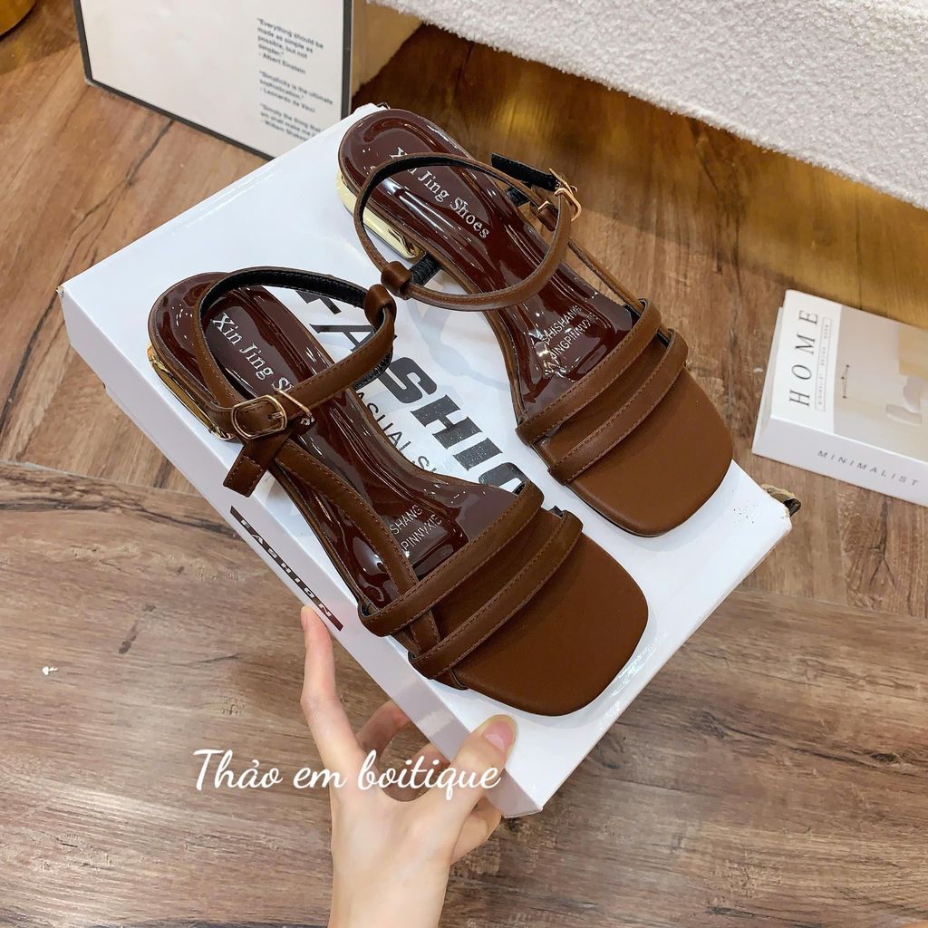 [Thảo Em- QH899] Dép xăng đan nữ đế thấp 2p mũi vuông phối quai da sang trọng. [Có Sẵn]