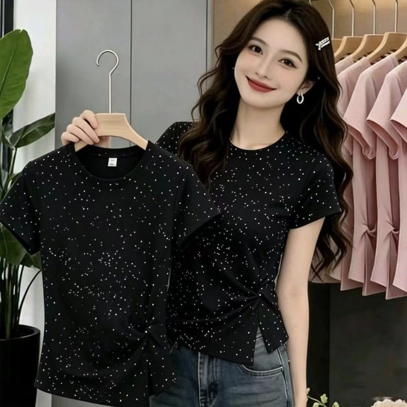Áo thun ngắn tay nữ mùa hè mới thời trang giản dị dáng ôm vừa vặn sáng bóng cho nữ