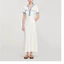 Thanh Lịch Tương Phản Nữ Đan Đầm Maxi Sang Trọng Cổ Chữ O Tay Ngắn Nút Kim Loại Bodycon Đầm Công Sở Nữ Đi Lại Áo