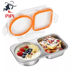 Hộp đựng đồ ăn nhẹ bằng thép không gỉ, Hộp kín khí 2 ngăn 400ml, Hộp đựng đồ ăn nhẹ chống rò rỉ có nắp Hộp Bento có thể tái sử dụng