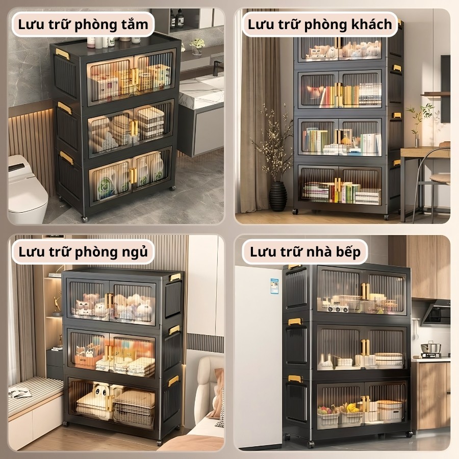 Tủ Nhựa Gấp Gọn ENODA HOME, Tủ Đựng Đồ Đa Năng Màu Trong Đen Hiện Đại Có Bánh Xe Tiện Lợi TUN051