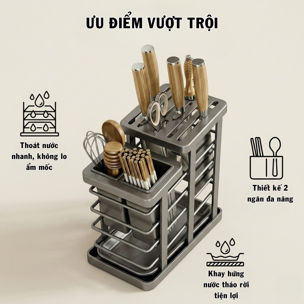 Giá Đựng Dao Nhà Bếp Inox Đa Năng Có Khay Thoát Nước, Kệ Để Dao Muỗng Đũa Cao Cấp
