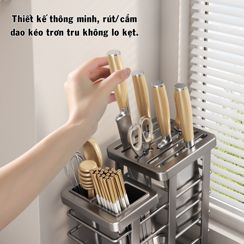 Giá Đựng Dao Nhà Bếp Inox Đa Năng Có Khay Thoát Nước, Kệ Để Dao Muỗng Đũa Cao Cấp