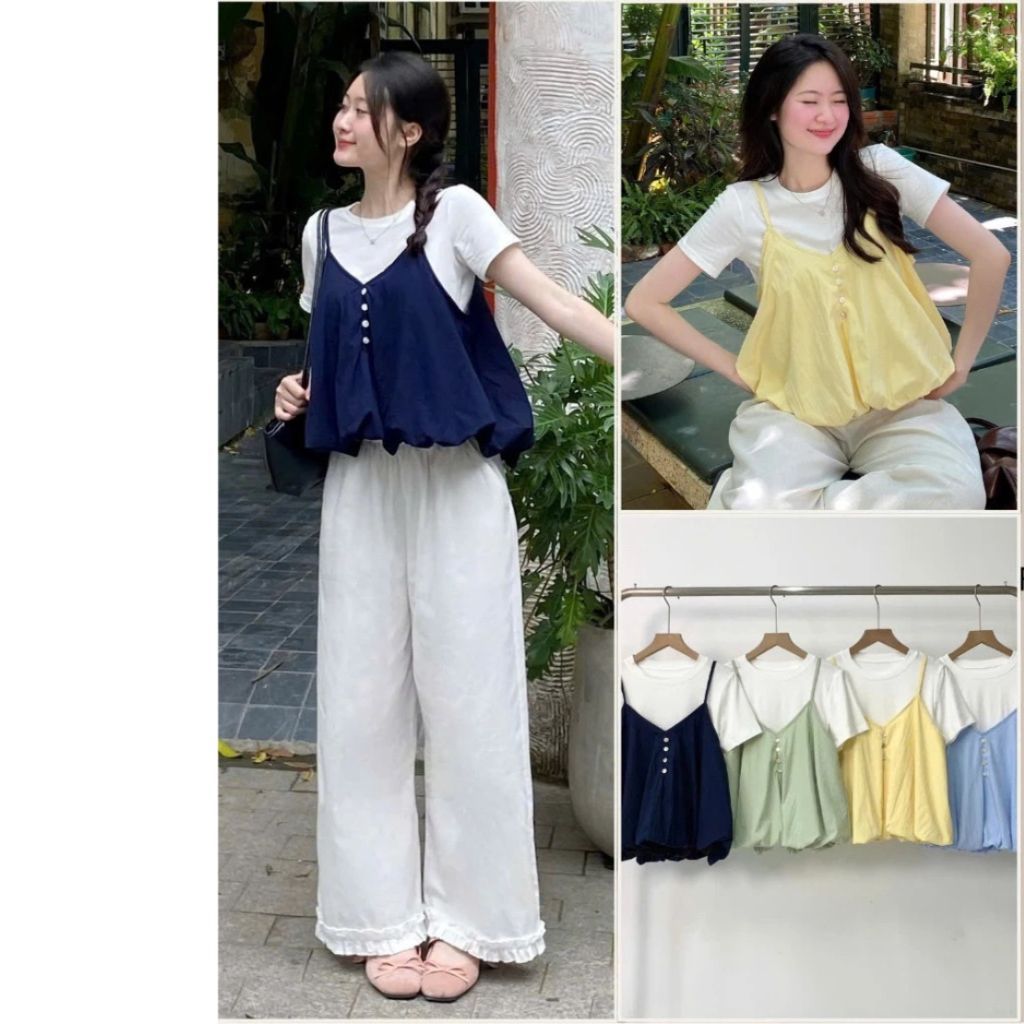 Set Yếm Nữ 2 Dây Dáng Bí Cúc Dọc Kèm Áo Thun Trơn (Có Bán Lẻ Yếm)MA3807 - SamHi Closet