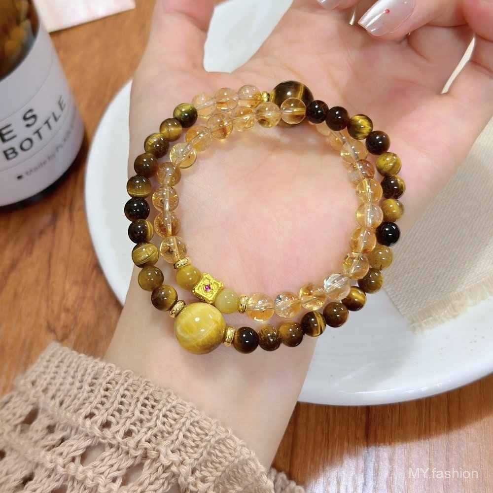 Vòng tay Citrine nhân tạo vòng tròn đôi, Pixiu Lucky Fortune Transfer Giả Golden Tiger Eye Vòng tay hình tròn đôi, Thiết kế thích hợp Cảm giác cao cấp