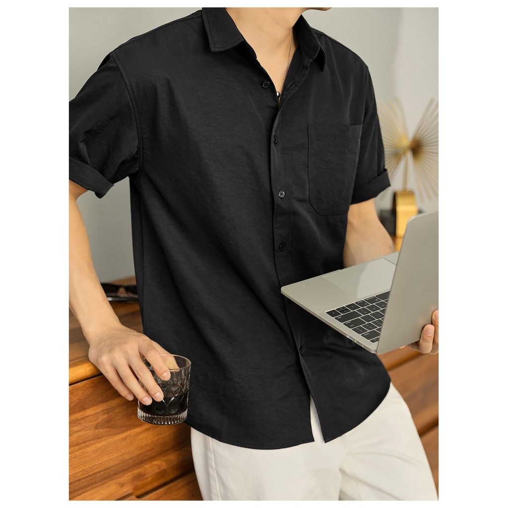 Áo Sơ Mi Nam Vải Đũi Hàn Cộc Tay Thoáng Mát Mềm Mịn - 7S Clothes Menswear Top ( Sơ Mi Có Túi )