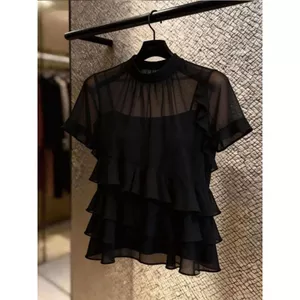 Pháp Đen xuyên thấu Xù Nữ Tay Ngắn Mùa Xuân Phong Cách Mới Ôm Hơn Nhìn Top