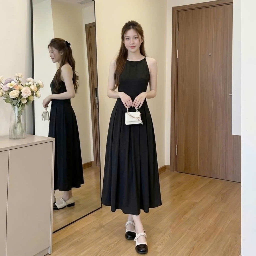 Váy Cổ Yếm Dáng Dài Xòe Chất Chéo Tiểu Thư Hàn Quốc Thanh Lịch Nữ Tính Linh Tây.Clothing V003
